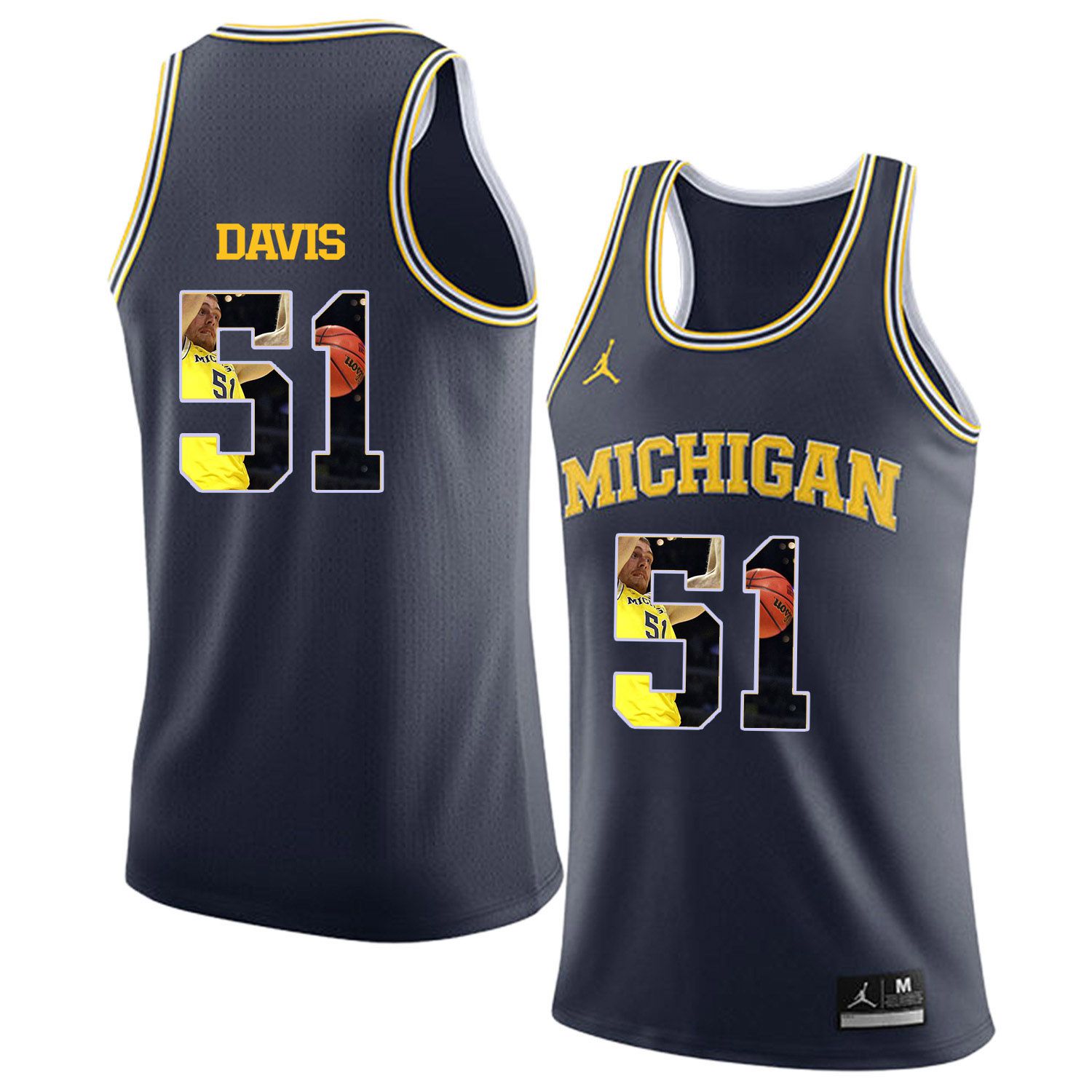 Men Jordan University of Michigan Basketball Navy 51 Davis Fashion Edition Customized NCAA Jerseys